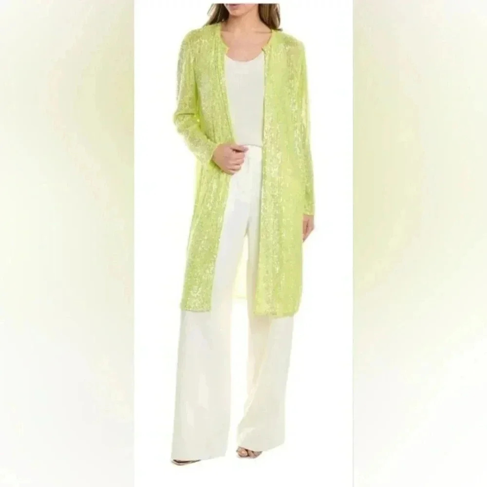 Anne Klein NWT Sequined Duster Open Cardi LS Sheer Bright Green Size Small